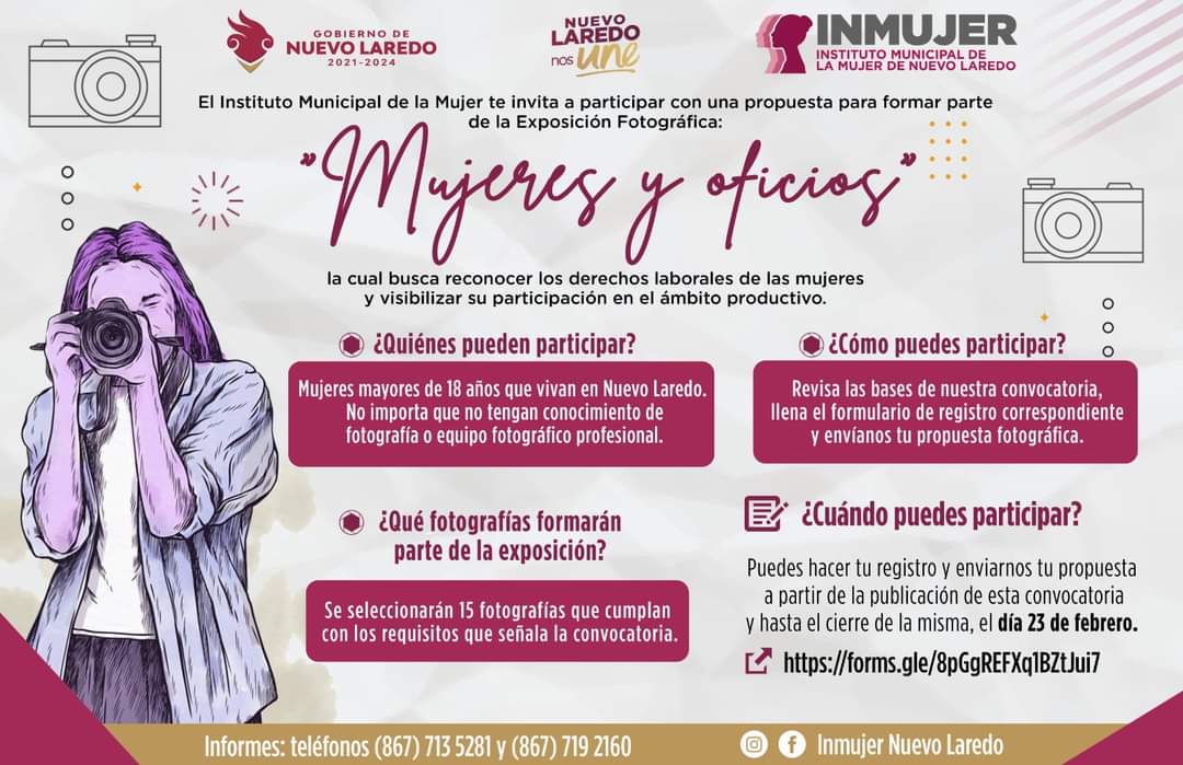 Inmujer Nuevo Laredo extiende cordial invitación a todas las mujeres mayores de 18 años a participar en la enriquecedora Exposición Fotográfica «Mujeres y Oficios».