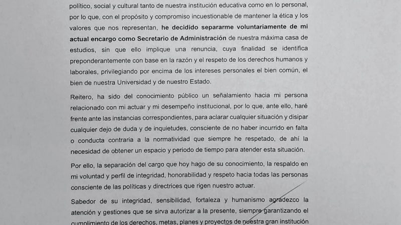 Marco Batarse Contreras se separa del cargo como secretario de administración en la UAT