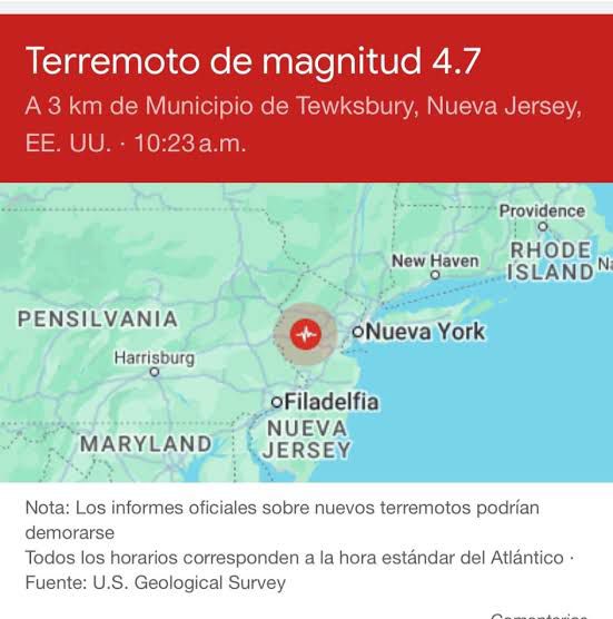 Sismo de Magnitud 4.8 Sacude Nueva Jersey, Se Siente en Nueva York y Otras Ciudades de la Costa Este