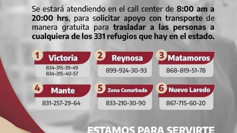 Transporte Gratuito Disponible para Ciudadanos hacia Albergues en Tamaulipas