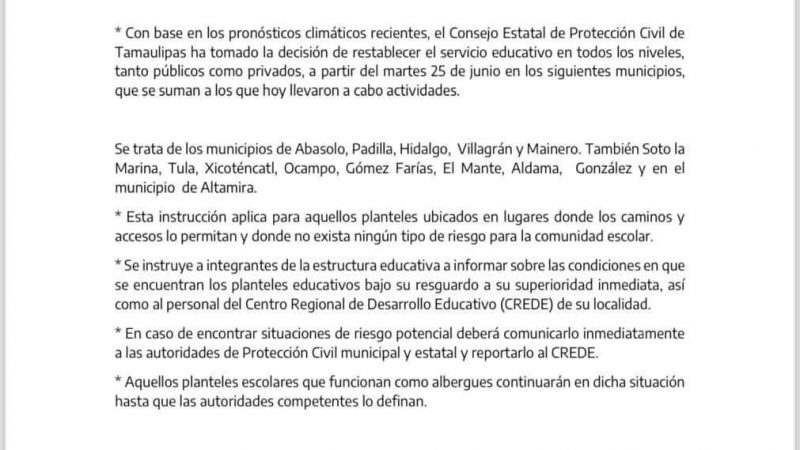 Secretaría de Educación de Tamaulipas anuncia reanudación de clases tras mejora climática