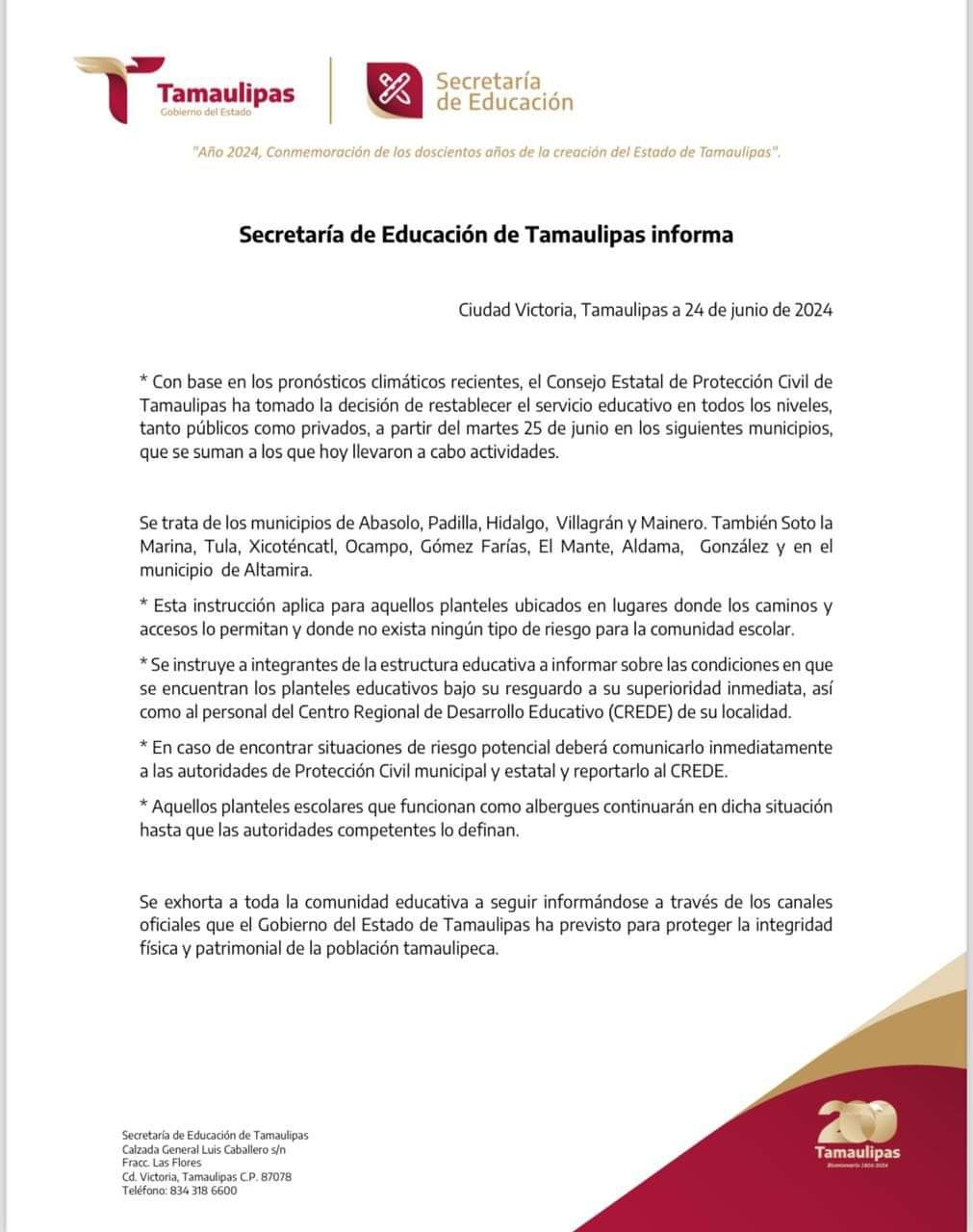 Secretaría de Educación de Tamaulipas anuncia reanudación de clases tras mejora climática