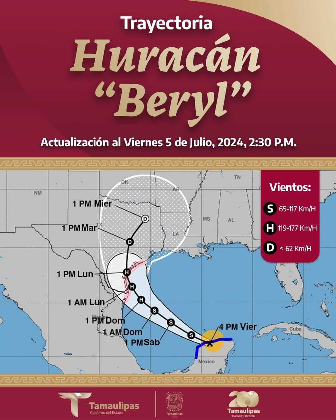 Trayectoria del Huracán Beryl: Al Golfo de México