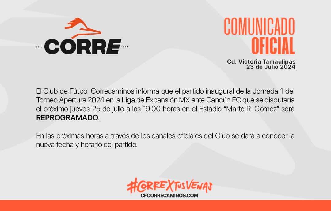 Se posterga el partido inaugural de Correcaminos en el Apertura 2024 en Ciudad Victoria