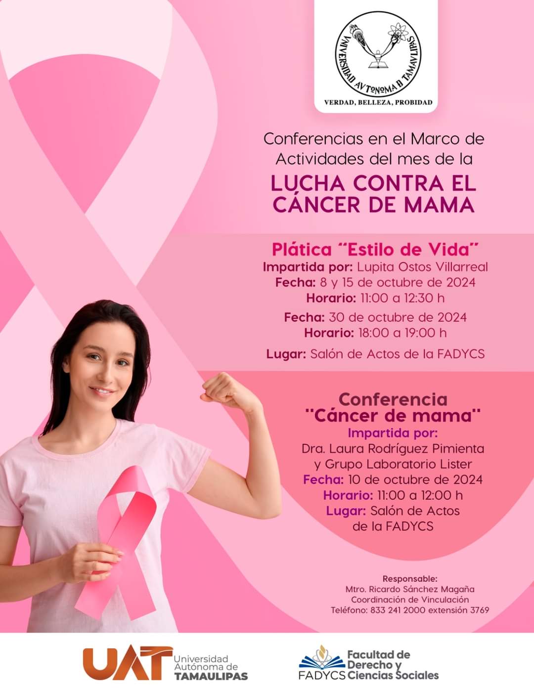 Facultad de Derecho y Ciencias Sociales de la UAT invita a conferencias en apoyo a la lucha contra el cáncer de mama