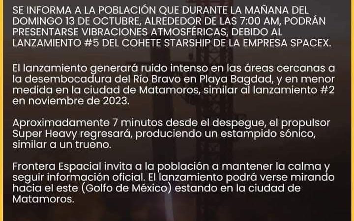Alertan sobre estampido sónico por lanzamiento de cohete en Matamoros