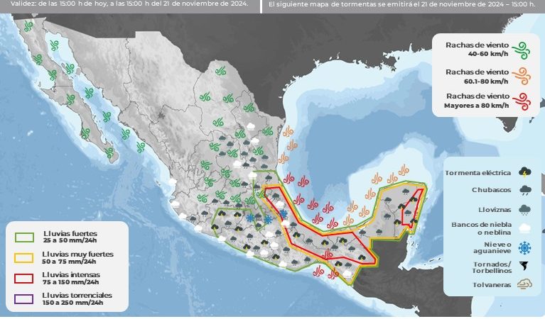 Pronóstico del Clima para el Jueves 21 de Noviembre: Lluvias Fuertes y Temperaturas Bajas en Diversos Estados del País