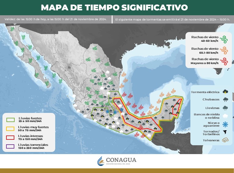 Pronóstico del Clima para el Jueves 21 de Noviembre: Lluvias Fuertes y Temperaturas Bajas en Diversos Estados del País