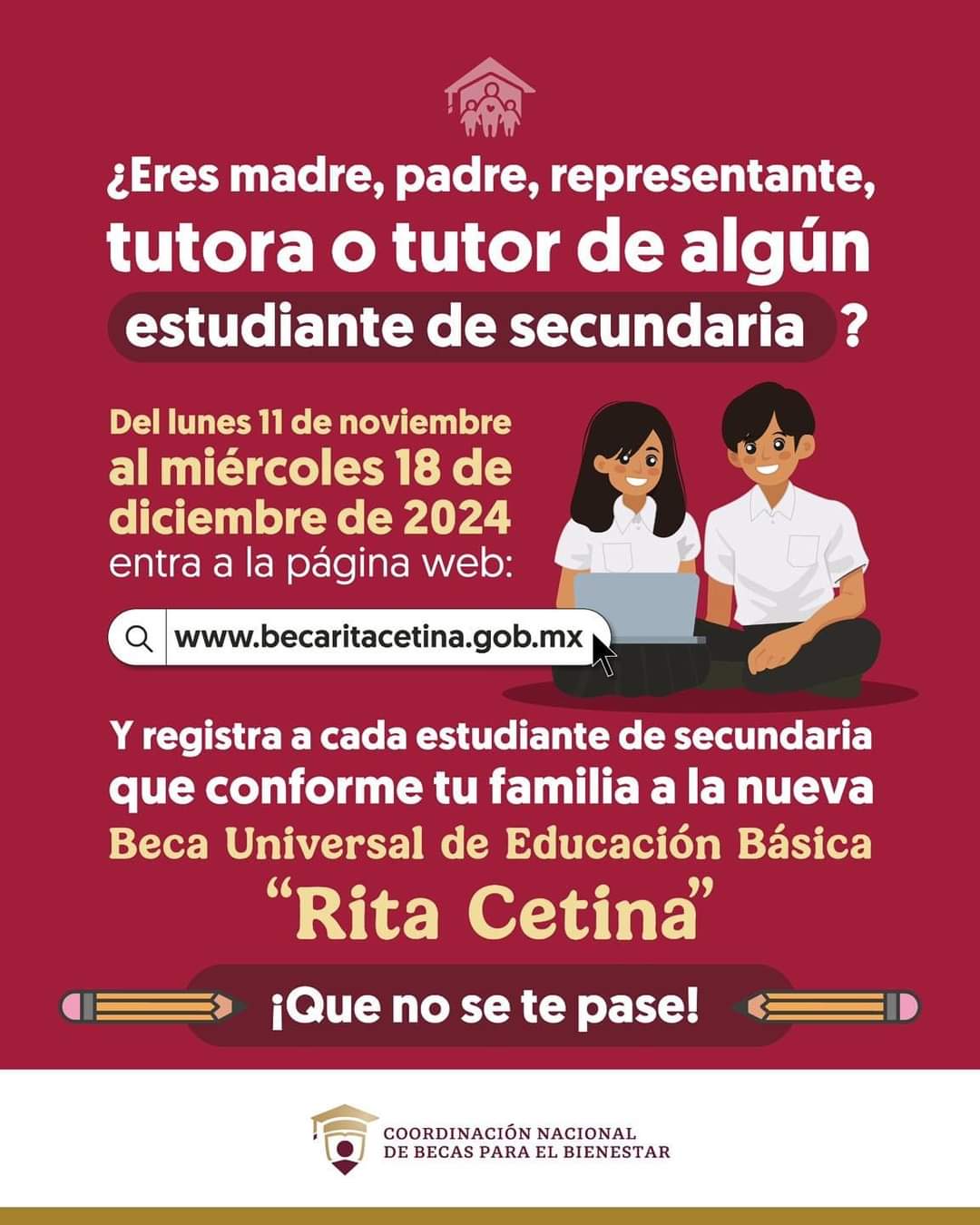 Inicia Registro para la Beca Universal de Educación Básica “Rita Cetina”