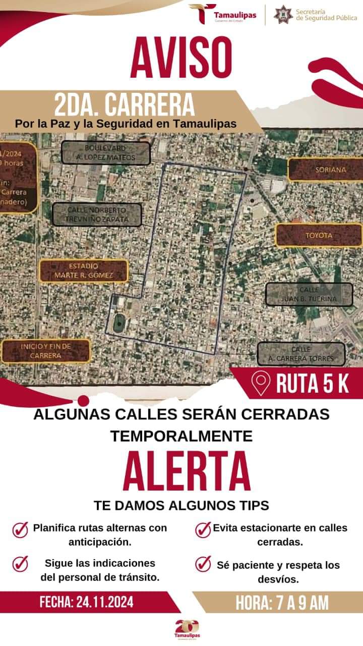 Cierre de vialidades en Ciudad Victoria por la Segunda Carrera «Por la Paz y la Seguridad»